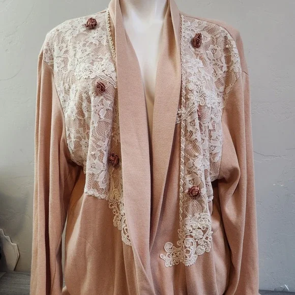 Vintage Lacy Afternoon Shell Kepler Lace Rosette Cardigan Peach Plus Size 1X - Picture 1 of 14